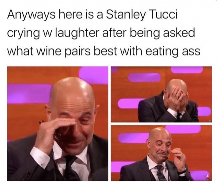 meme stream - stanley tucci meme - Anyways here is a Stanley Tucci crying w laughter after being asked what wine pairs best with eating ass