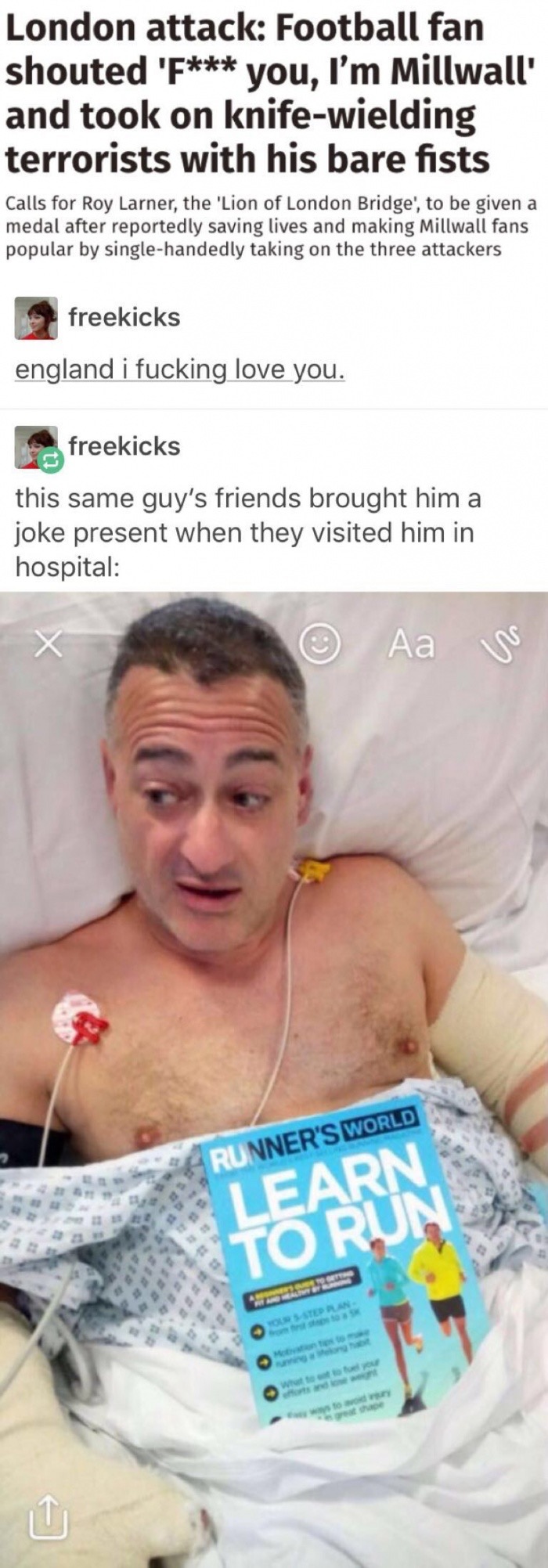 meme - millwall fan terrorist - London attack Football fan shouted 'F you, I'm Millwalli and took on knifewielding terrorists with his bare fists Calls for Roy Larner, the 'Lion of London Bridge', to be given a medal after reportedly saving lives and maki