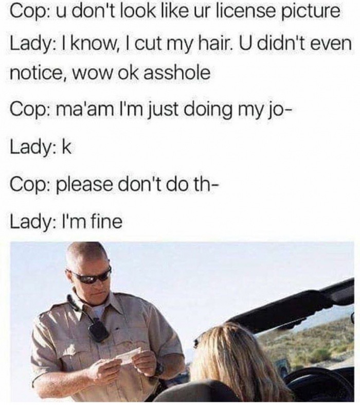 edgy meme of cop savage memes - Cop u don't look ur license picture Lady I know, I cut my hair. U didn't even notice, wow ok asshole Cop ma'am I'm just doing my jo Lady k Cop please don't do th Lady I'm fine