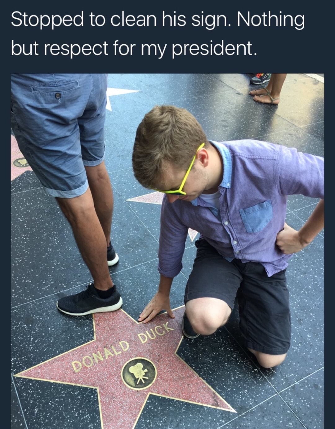 memes - hollywood walk of fame - Stopped to clean his sign. Nothing but respect for my president. Donald Duck