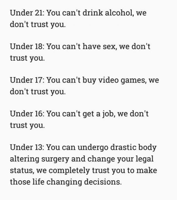 memes - follow up on invoice - Under 21 You can't drink alcohol, we don't trust you. Under 18 You can't have sex, we don't trust you. Under 17 You can't buy video games, we don't trust you. Under 16 You can't get a job, we don't trust you. Under 13 You ca