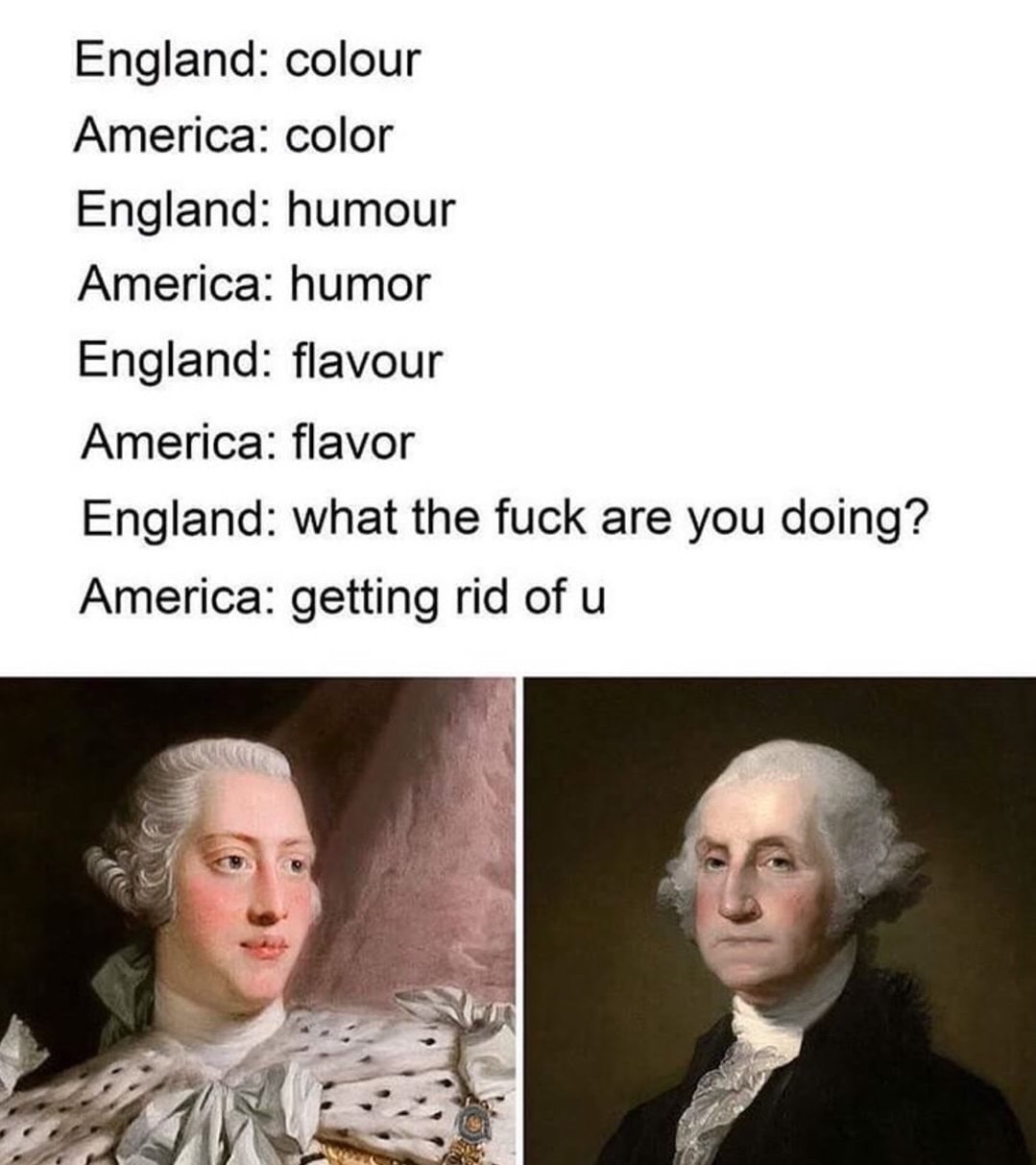 memes - british vs american memes - England colour America color England humour America humor England flavour America flavor England what the fuck are you doing? America getting rid of u