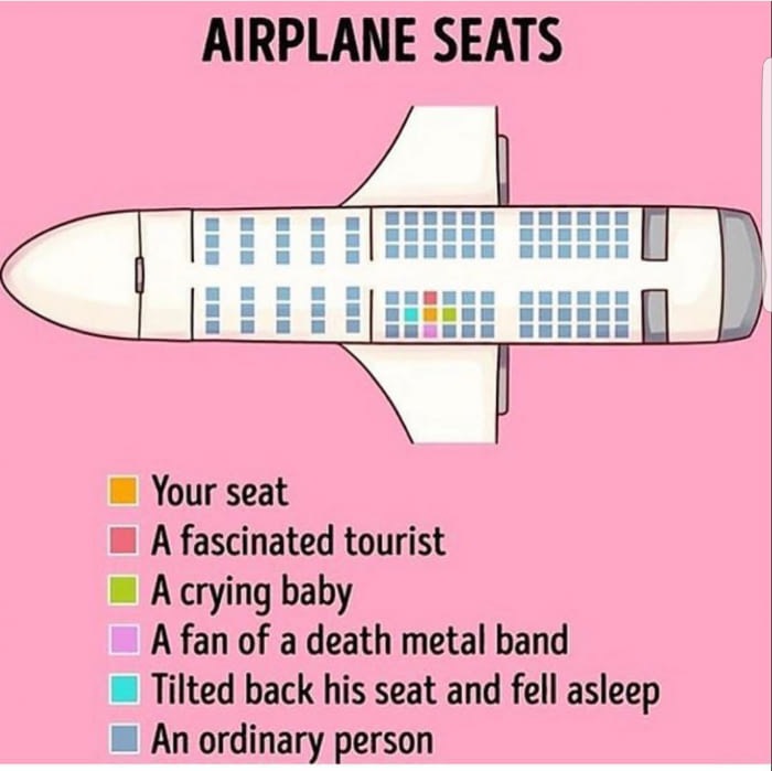 ironic life - Airplane Seats Your seat A fascinated tourist A crying baby A fan of a death metal band Tilted back his seat and fell asleep An ordinary person