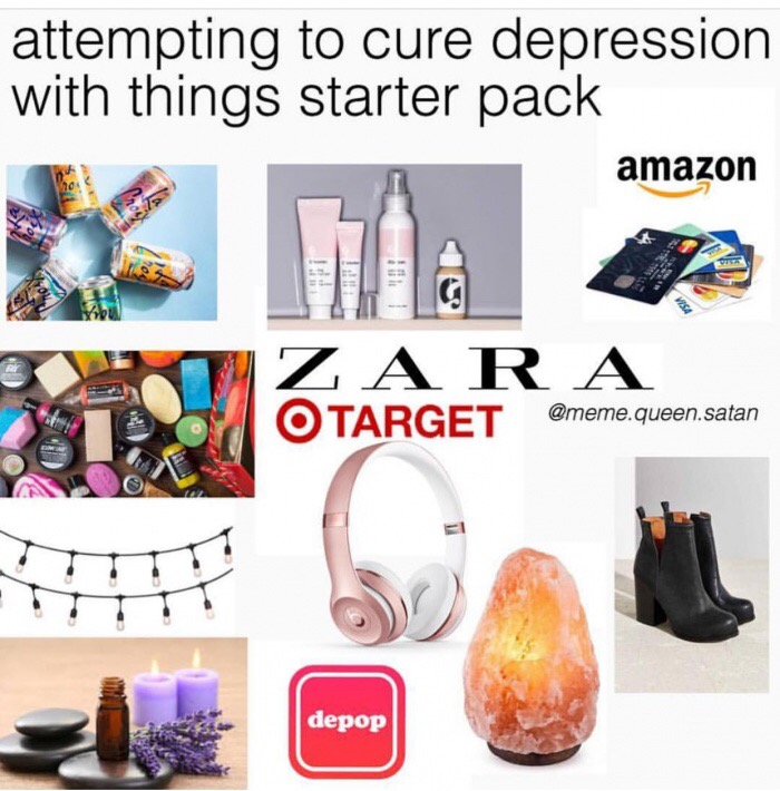 meme - starter pack depression - attempting to cure depression with things starter pack amazon Za R A . queen.satan depop