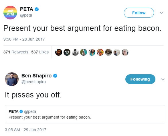meme - web page - Peta Peta Present your best argument for eating bacon. 371 537 371 537 O O O O Ben Shapiro ing It pisses you off. Peta Present your best argument for eating bacon.