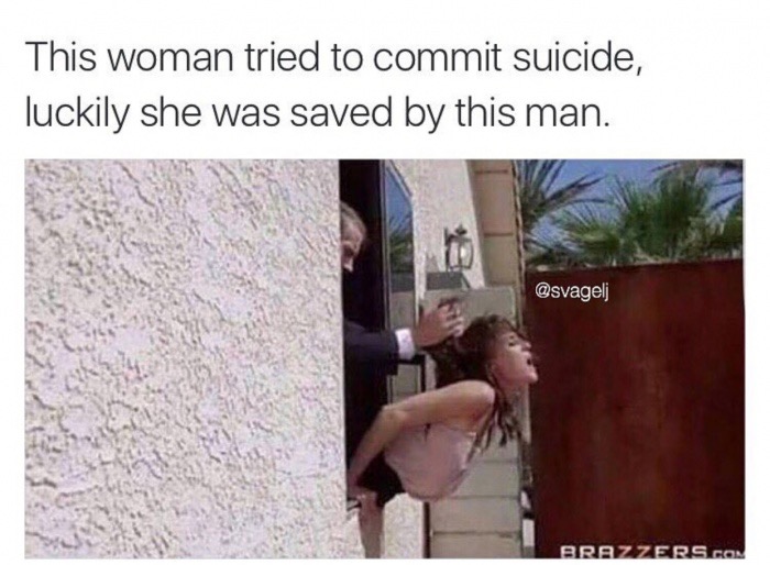 meme - angle - This woman tried to commit suicide, luckily she was saved by this man. Brazzers.Com