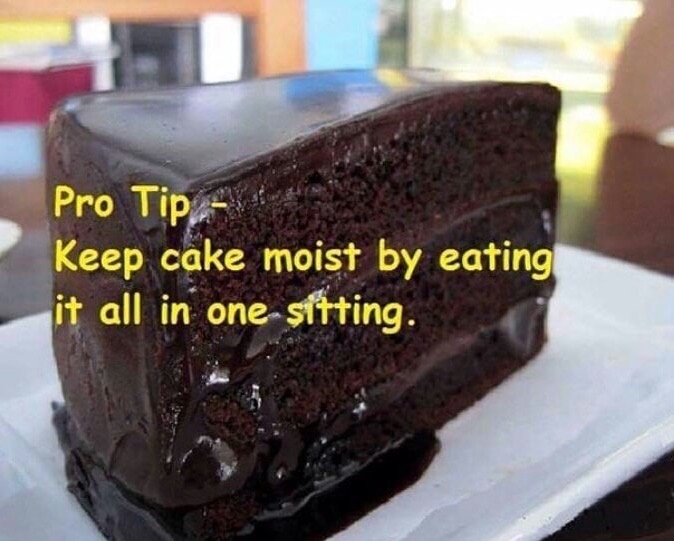 meme - shitty life tips - Pro Tip Keep cake moist by eating it all in one sitting.