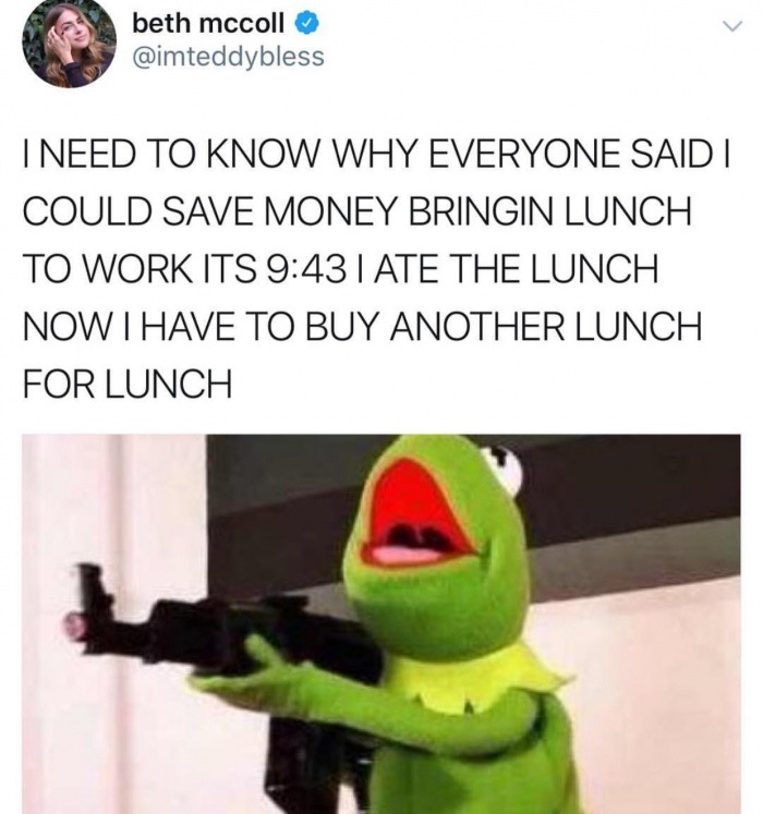 meme - need to know why everyone said - beth mccoll I Need To Know Why Everyone Saidi Could Save Money Bringin Lunch To Work Its Ate The Lunch Now I Have To Buy Another Lunch For Lunch