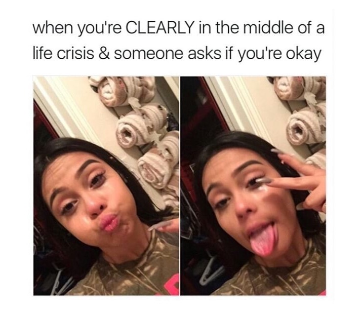 meme - selfie - when you're Clearly in the middle of a life crisis & someone asks if you're okay