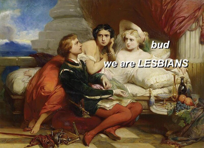 meme - renaissance paintings with 3 people - bud we are Lesbians