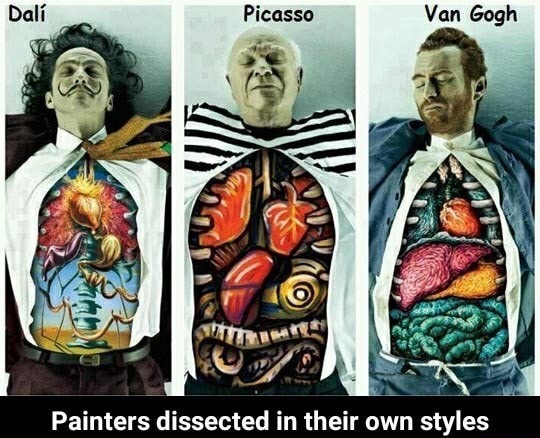 meme - high school art - Dal Picasso Van Gogh ht Painters dissected in their own styles