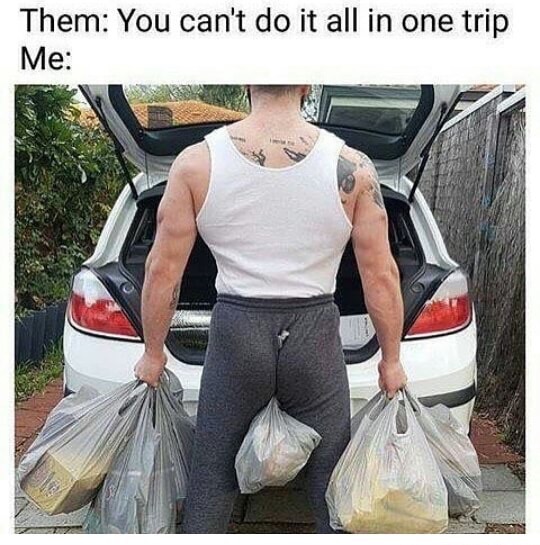 carrying all the groceries - Them You can't do it all in one trip Me