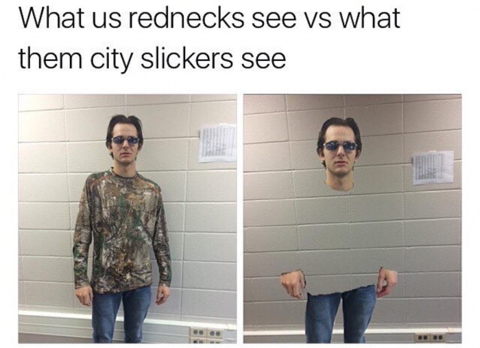 city slicker meme - What us rednecks see vs what them city slickers see