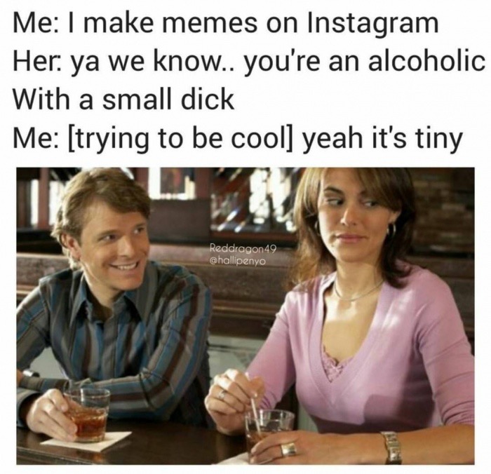 Me I make memes on Instagram Her ya we know.. you're an alcoholic With a small dick Me trying to be cool yeah it's tiny Reddragon 49