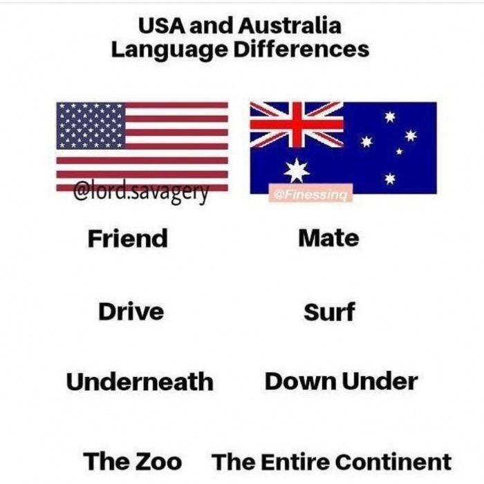 meme stream - difference between australia and usa - Usa and Australia Language Differences .savagery Friend Mate Drive Surf Underneath Down Under The Zoo The Entire Continent