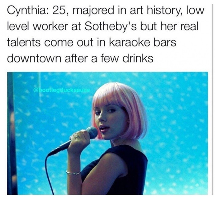karaoke lost in translation - Cynthia 25, majored in art history, low level worker at Sotheby's but her real talents come out in karaoke bars downtown after a few drinks