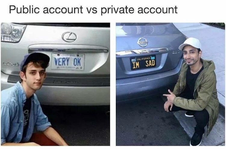 Meme of a public account VS private account - Lexus with license VERY OK and Nissan with license IM SAD