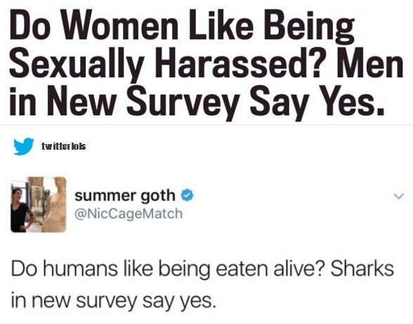 Tweet about survey that says men think women like being sexually harassed.