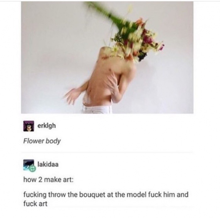 Epic pic of male model getting hit with a bouquet of flowers in the face.