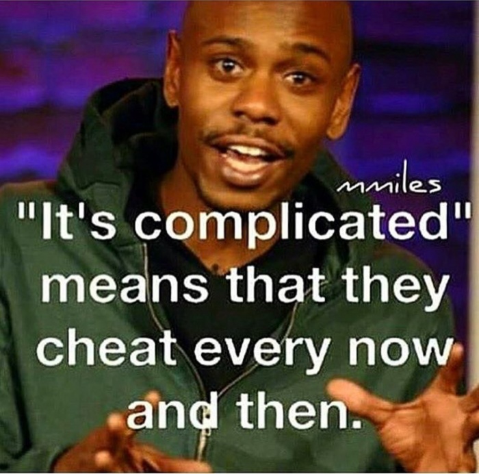 photo caption - MMiles "It's complicated" means that they cheat every now and then.