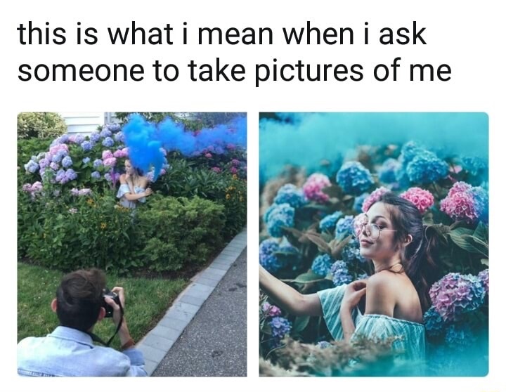 Meme of how a girl wants to have her picture taken.