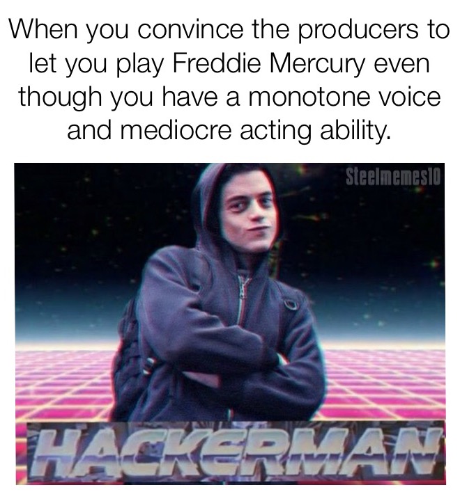 Meme about Mr Robot and convincing producer to let you play Freddie Mercury