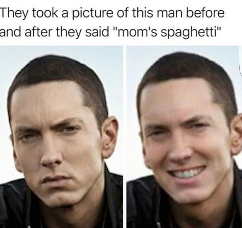 Meme of Eminem before and after asking about his mom's spaghetti