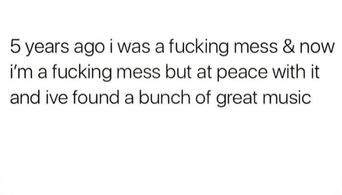 dank meme falling in love quotes - 5 years ago i was a fucking mess & now i'm a fucking mess but at peace with it and ive found a bunch of great music
