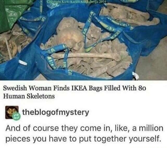 dank meme ikea bones meme - Swedish Woman Finds Ikea Bags Filled With 80 Human Skeletons theblogofmystery And of course they come in, , a million pieces you have to put together yourself.