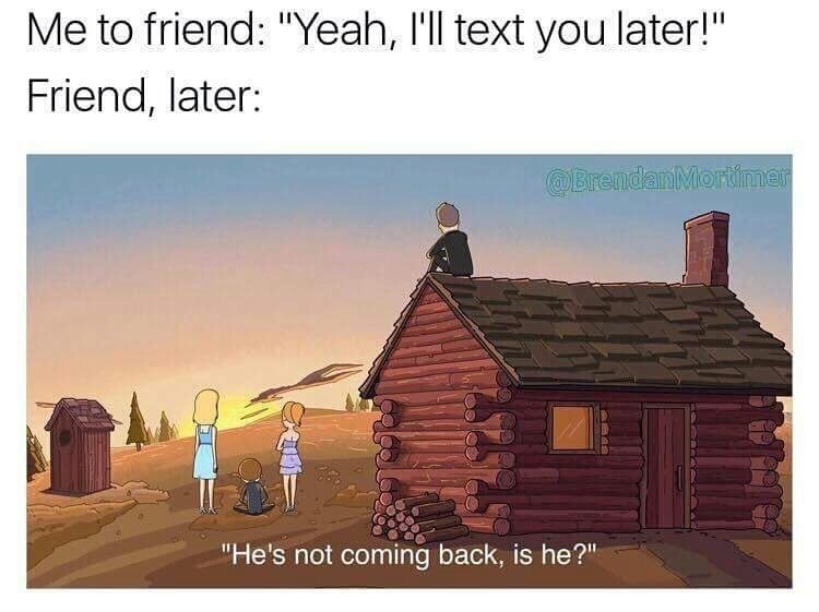 dank meme rick and morty the wedding squanchers - Me to friend "Yeah, I'll text you later!" Friend, later I Oo oo Ceo Co "He's not coming back, is he?"