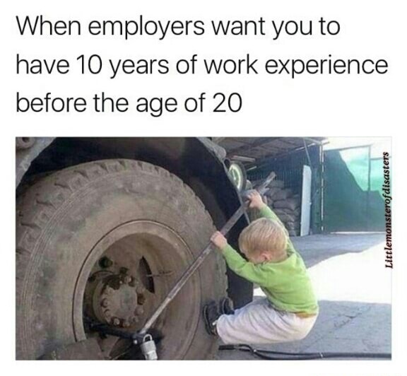 memes - they ask for 10 years experience - When employers want you to have 10 years of work experience before the age of 20 Littlemonsterofdisasters