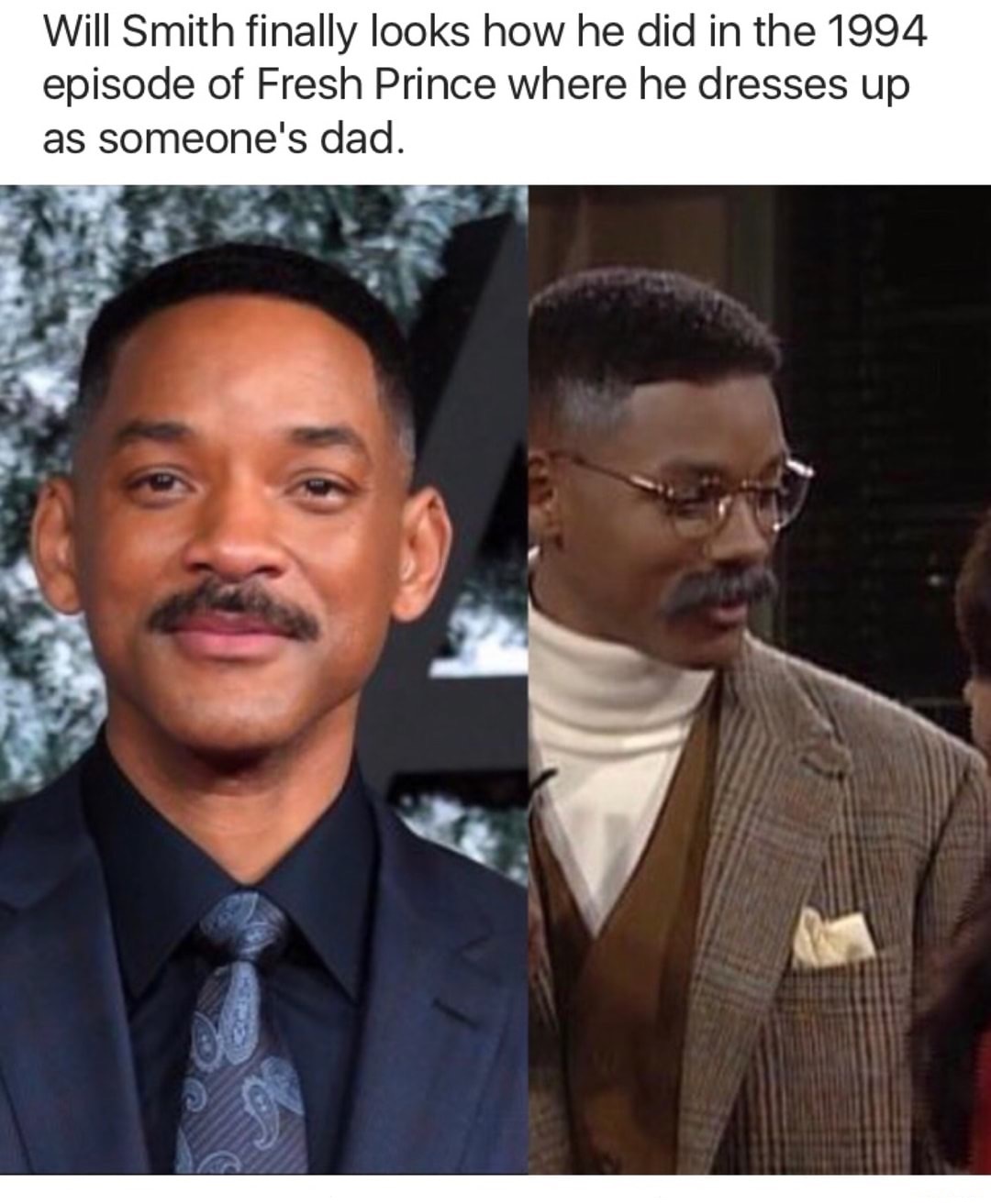 Meme of Will Smith looking like he did in Fresh Prince when he dressed up as someone's dad.