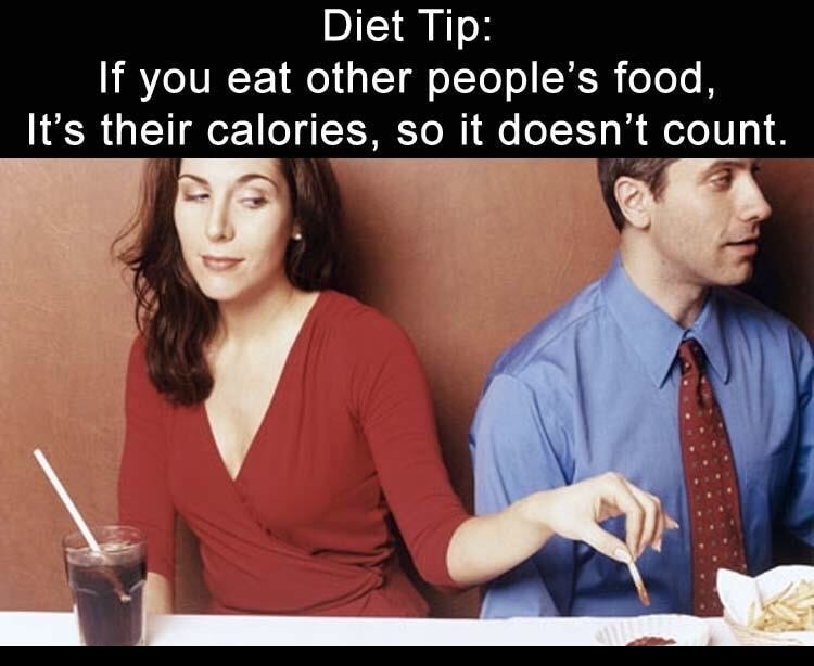 stealing food from a plate - Diet Tip 'If you eat other people's food, It's their calories, so it doesn't count,