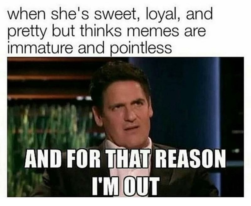 immature memes - when she's sweet, loyal, and pretty but thinks memes are immature and pointless And For That Reason I'M Out