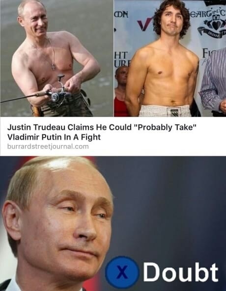 justin trudeau and vladimir putin - Con Heartac Justin Trudeau Claims He Could "Probably Take" Vladimir Putin In A Fight burrardstreetjournal.com X Doubt