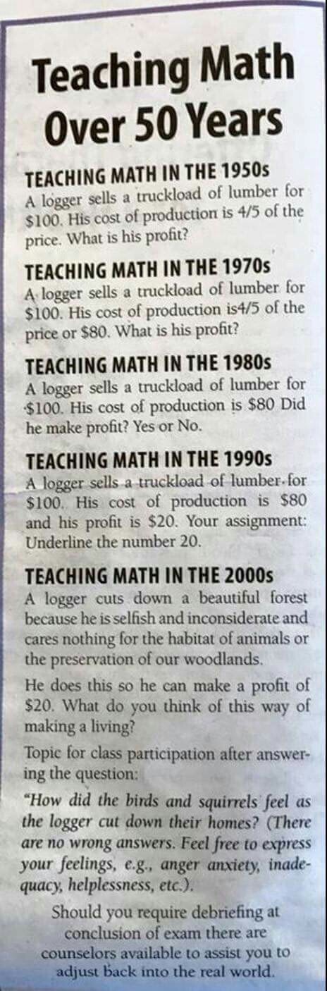 teaching math over 50 years - Teaching Math Over 50 Years Teaching Math In The 1950s A logger sells a truckload of lumber for $100. His cost of production is 45 of the price. What is his profit? Teaching Math In The 1970s A logger sells a truckload of lum