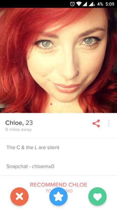hot tinder - o 4% Chloe, 23 9 miles away The C & the L are silent Snapchatchloemxo Recommend Chloe Tond