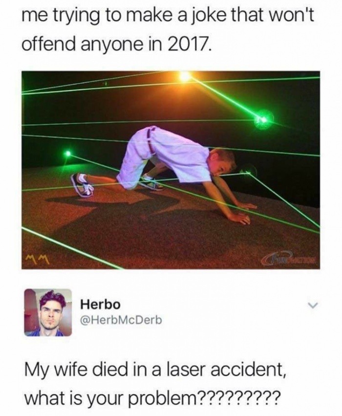 me trying to make a joke in 2018 - me trying to make a joke that won't offend anyone in 2017. Herbo My wife died in a laser accident, what is your problem?????????