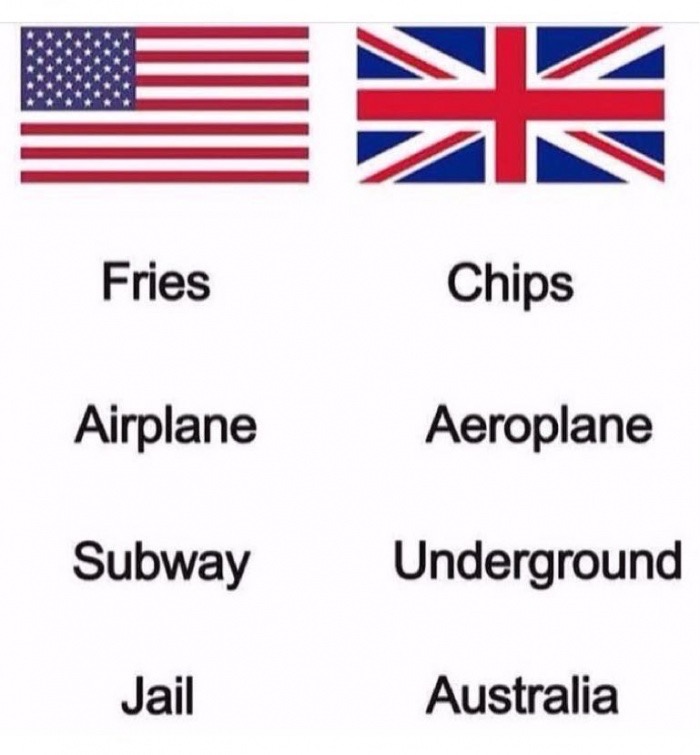 meme - us vs britain memes - Fries Chips Airplane Aeroplane Subway Underground Jail Australia Austu