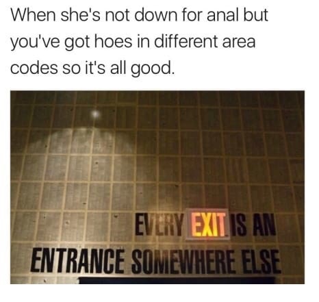 meme - every exit is an entrance - When she's not down for anal but you've got hoes in different area codes so it's all good. Every Exit Is An Entrance Somewhere Else