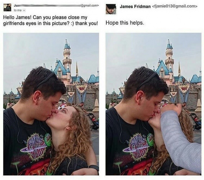 james fridman - James Fridman  Zaje .com> to me Hello James! Can you please close my girlfriends eyes in this picture? thank you! Hope this helps.
