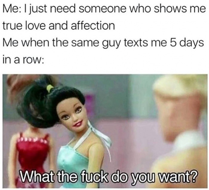 retail worker memes - Me I just need someone who shows me true love and affection Me when the same guy texts me 5 days in a row What the fuck do you want?