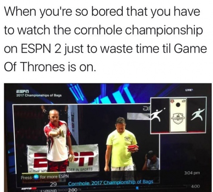 software - When you're so bored that you have to watch the cornhole championship on Espn 2 just to waste time til Game Of Thrones is on. Ern 2017 Championships of Bags 'T The Wn Lader In Sports for more Espn 29 Cornhole, 2017 Championship of Bags Thopaesp