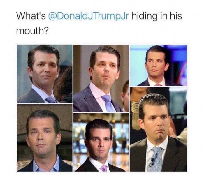 dank meme donald trump jr hiding in his mouth - What's Jr hiding in his mouth?