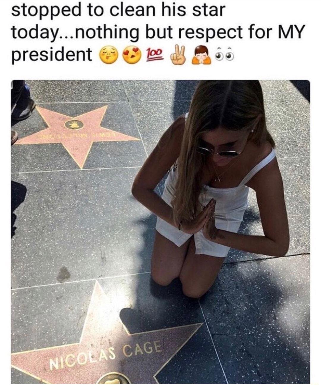 photo caption - stopped to clean his star today... nothing but respect for My president 0 100 66 O Stna Nicolas Cage