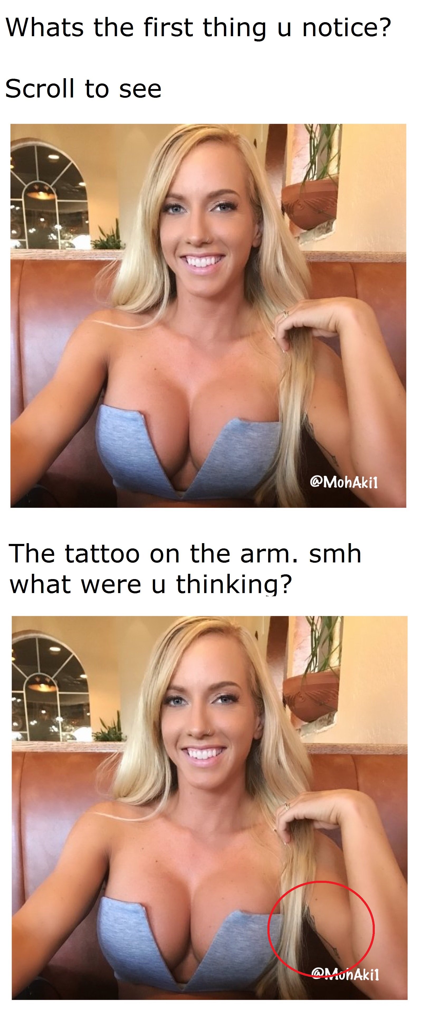 Dank meme of girl with amazing boobs who also has a tattoo that you probably did not notice at all