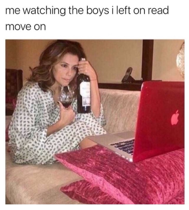 Dank meme of woman with bottle of wine watching the boys she left on READ move on