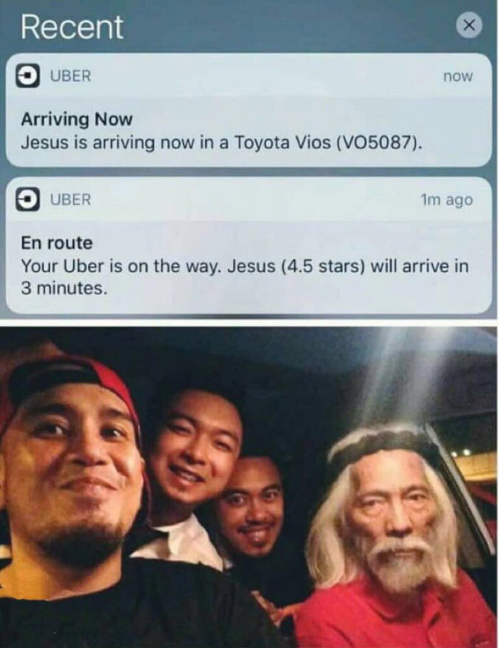 selfie - Recent O Uber now Arriving Now Jesus is arriving now in a Toyota Vios V05087. O Uber Im ago En route Your Uber is on the way. Jesus 4.5 stars will arrive in 3 minutes.