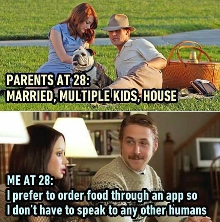 28 years old funny meme - Parents At 28 Married, Multiple Kids, House Samlinger Me At 28 I prefer to order food through an app so I don't have to speak to any other humans
