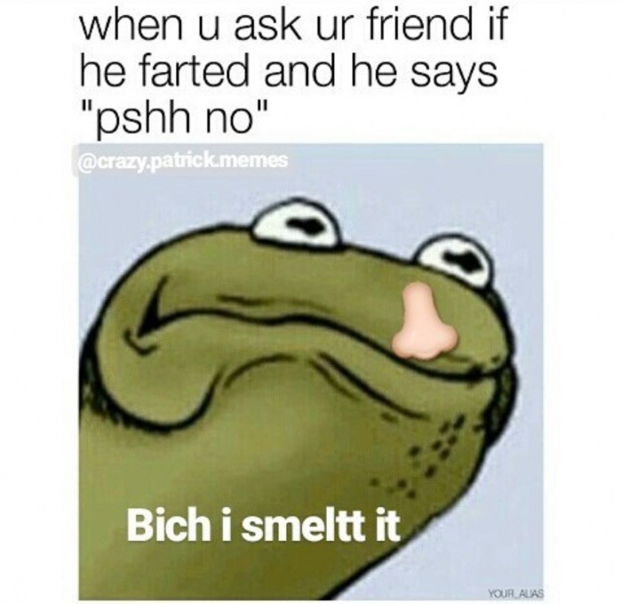 Savage memes - of a kermit the frog meme - when u ask ur friend if he farted and he says "pshh no" .patrick.memes Bich i smeltt it Your Alas